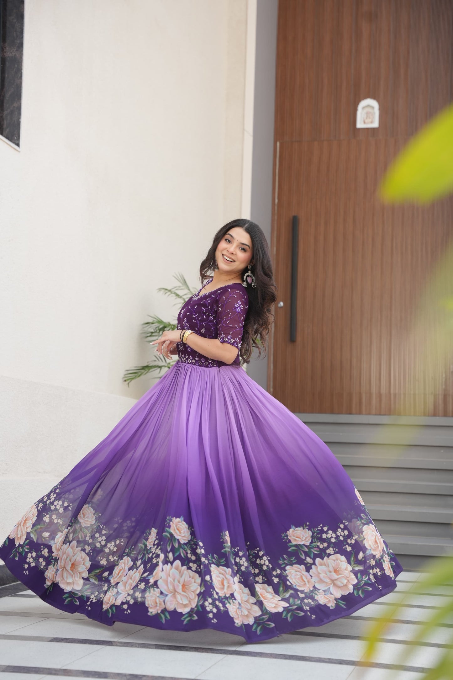 Rama Beads Embroidery With Floral Digital Print Gown