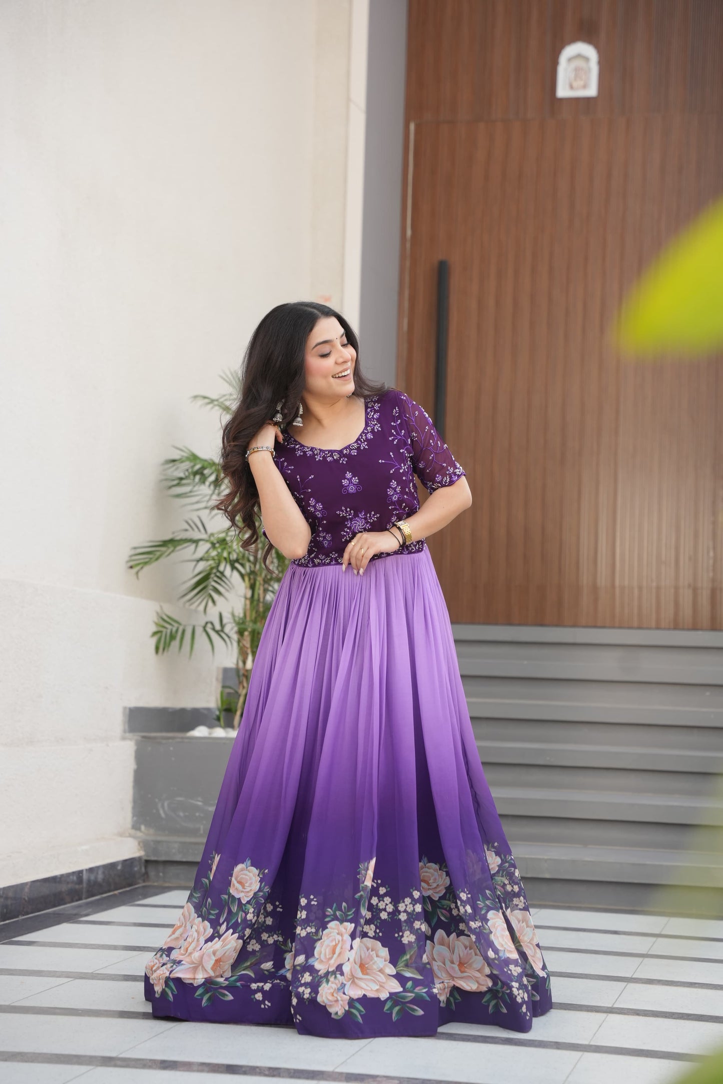 Rama Beads Embroidery With Floral Digital Print Gown