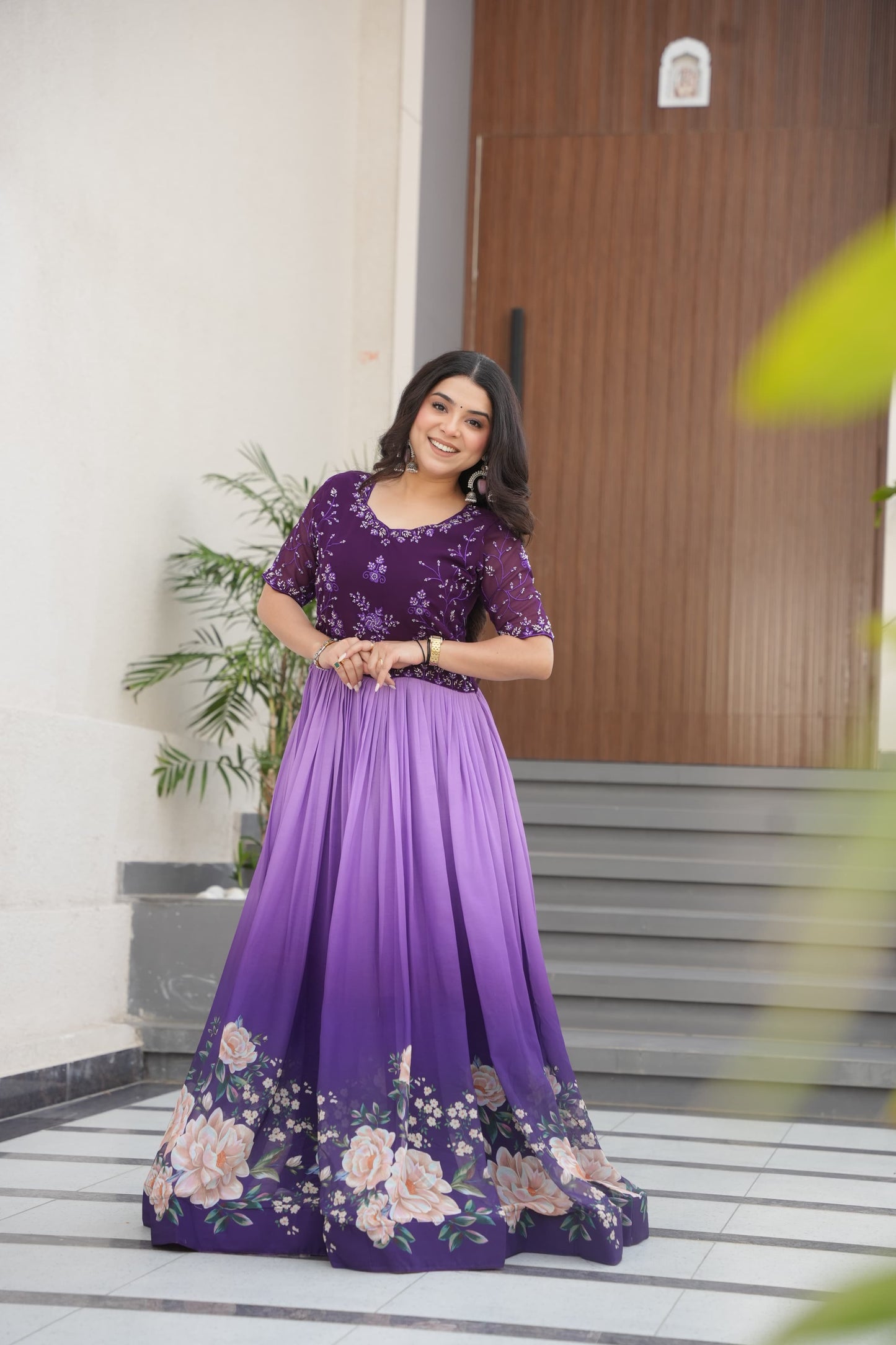 Rama Beads Embroidery With Floral Digital Print Gown
