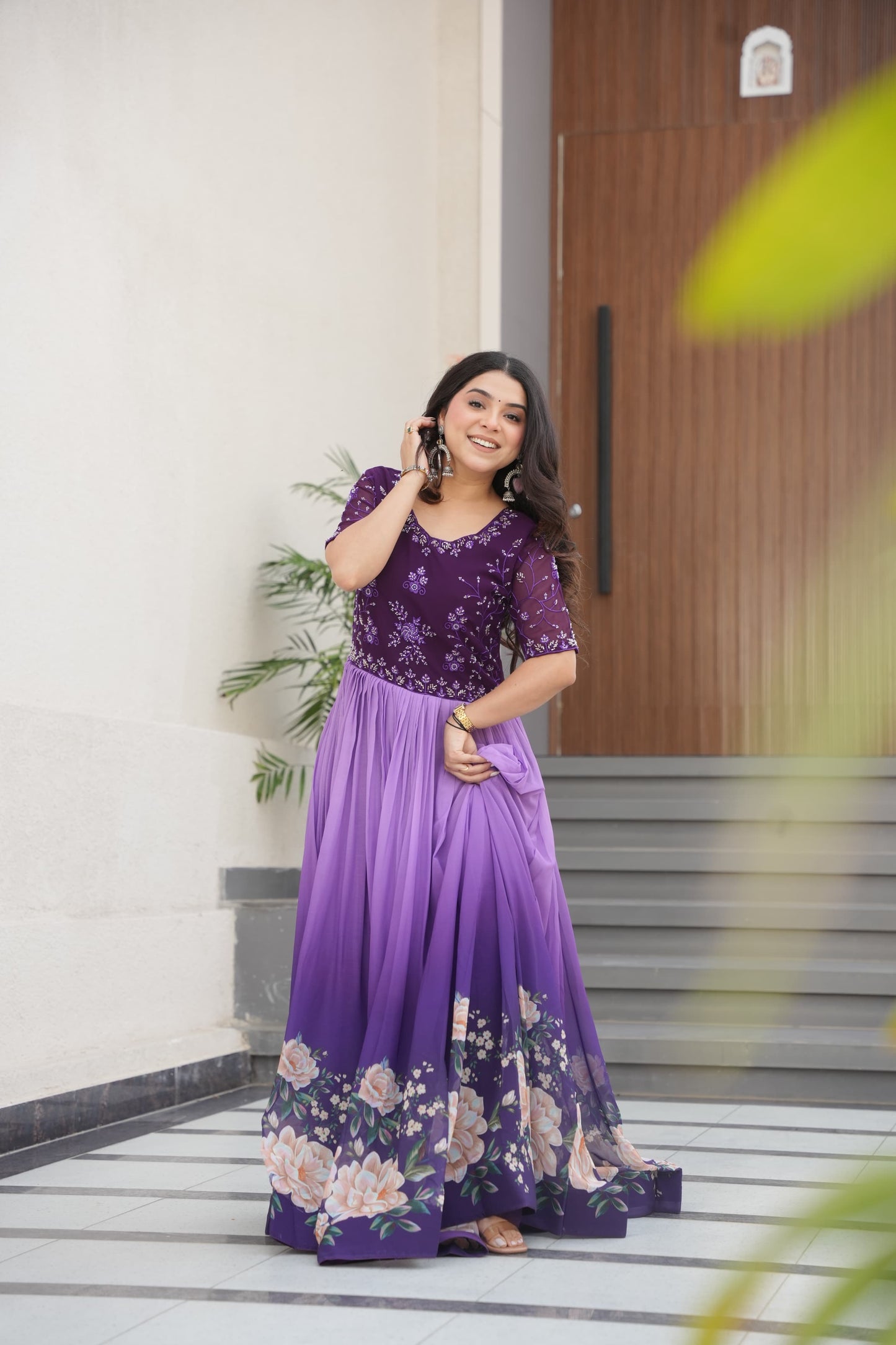 Rama Beads Embroidery With Floral Digital Print Gown