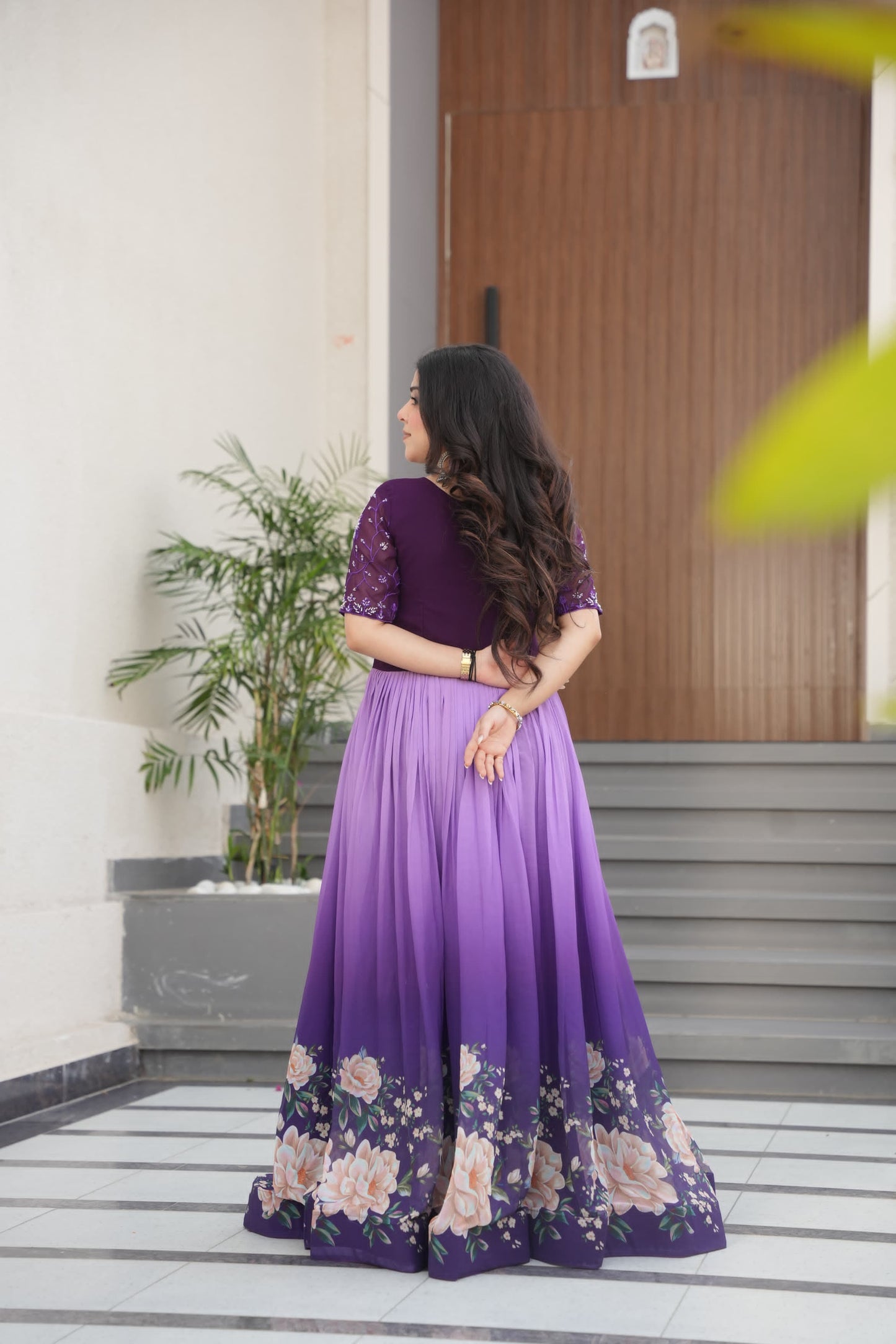 Rama Beads Embroidery With Floral Digital Print Gown