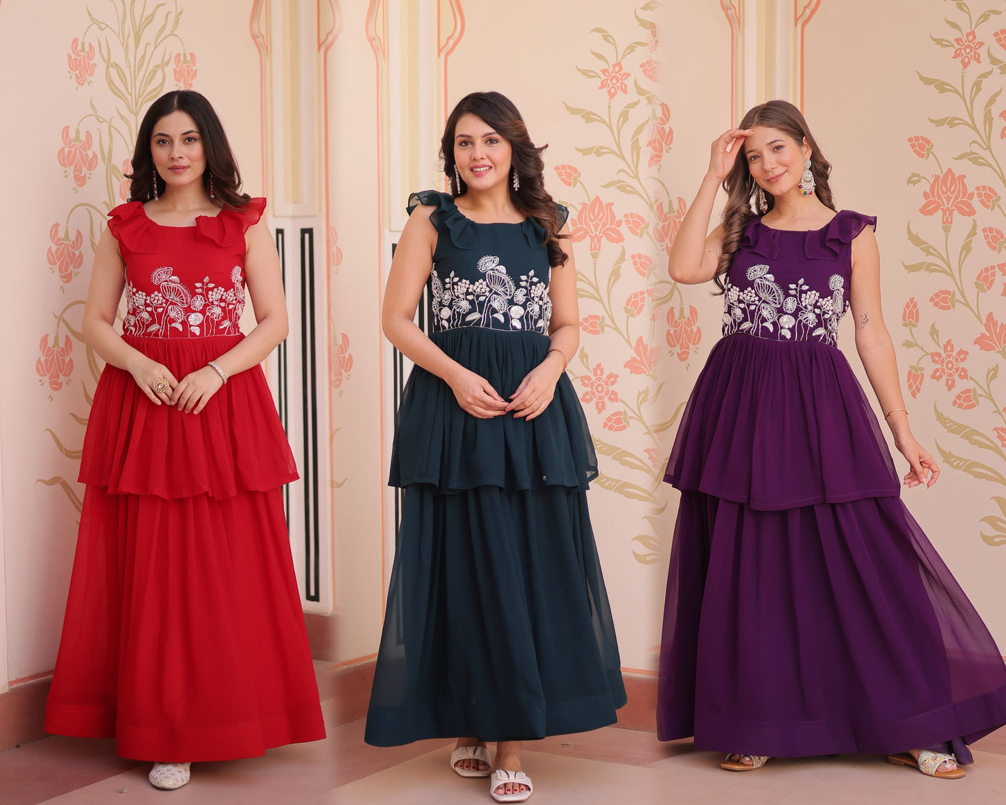 Designer Round Neck With Beads Embroidered Work Gown