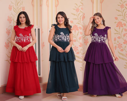 Designer Round Neck With Beads Embroidered Work Gown