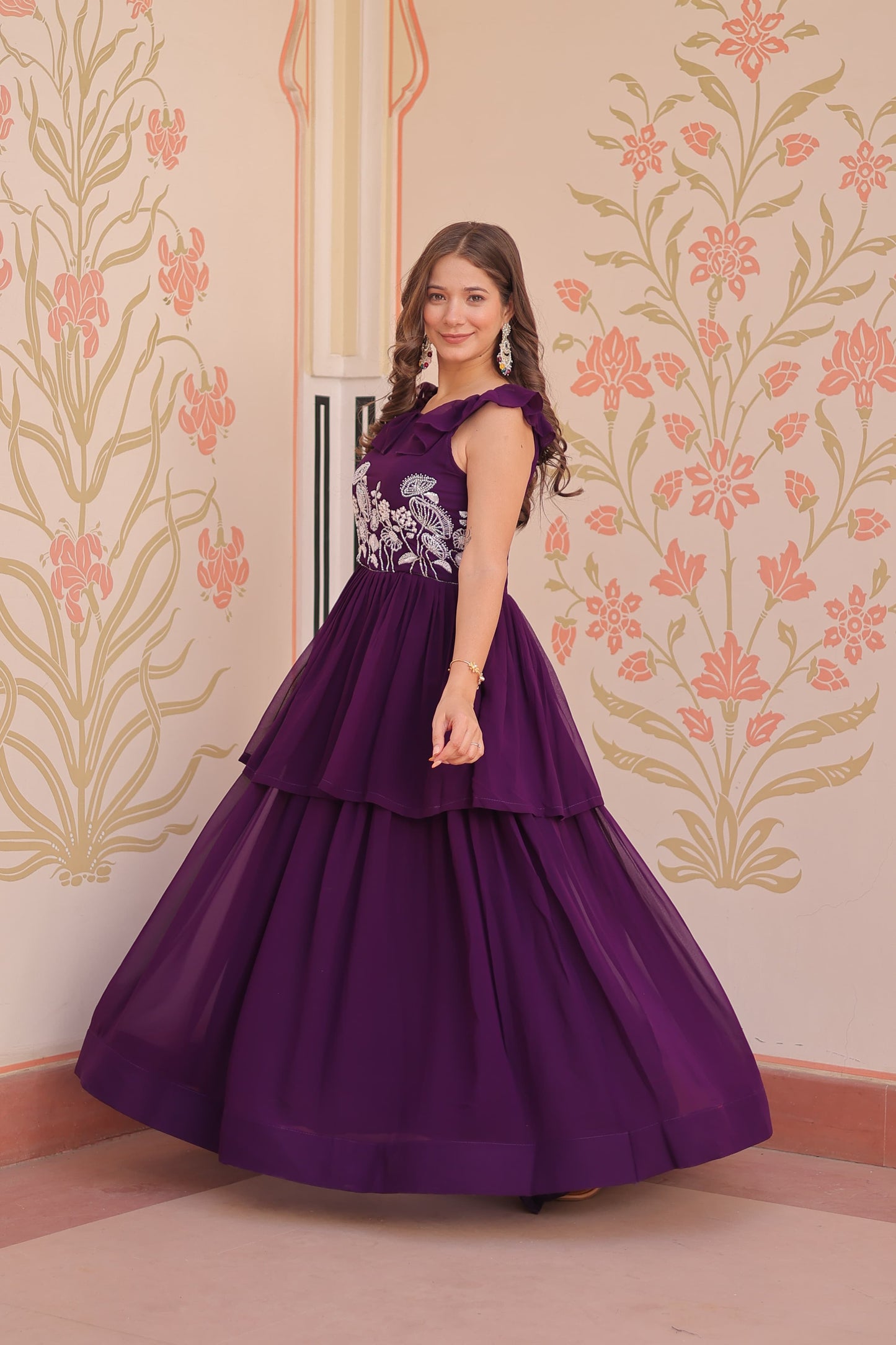 Designer Round Neck With Beads Embroidered Work Gown