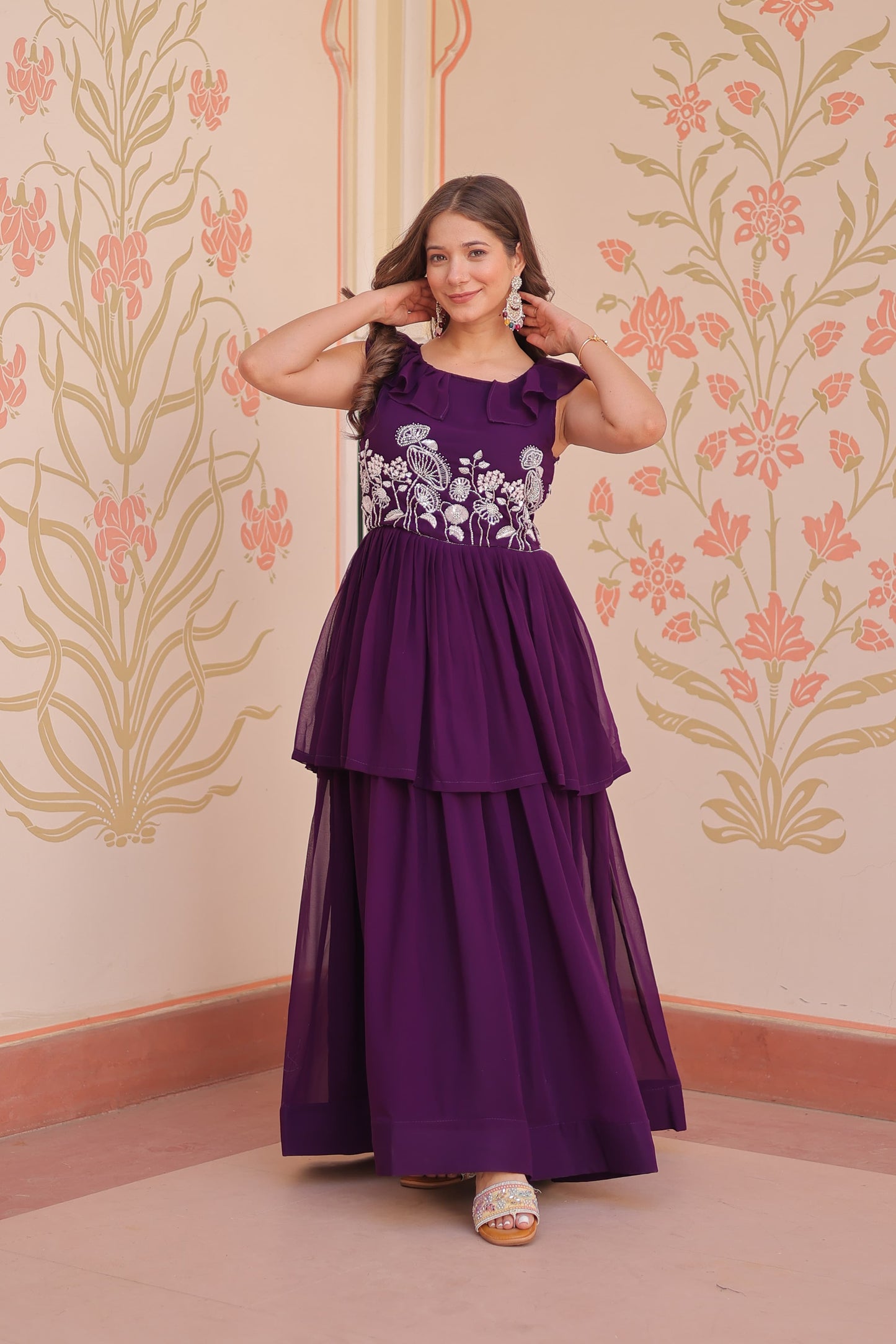Designer Round Neck With Beads Embroidered Work Gown
