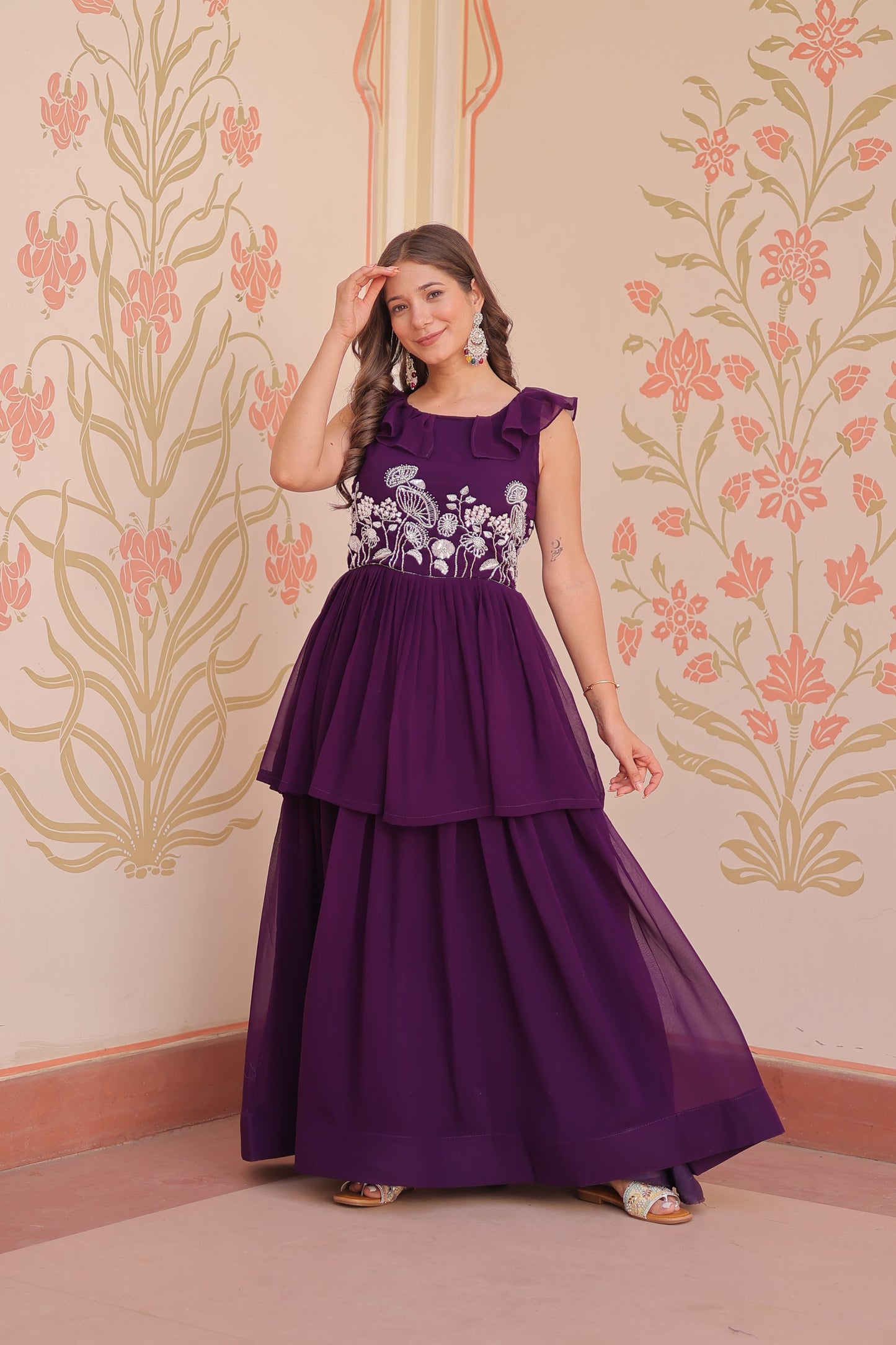 Designer Round Neck With Beads Embroidered Work Gown
