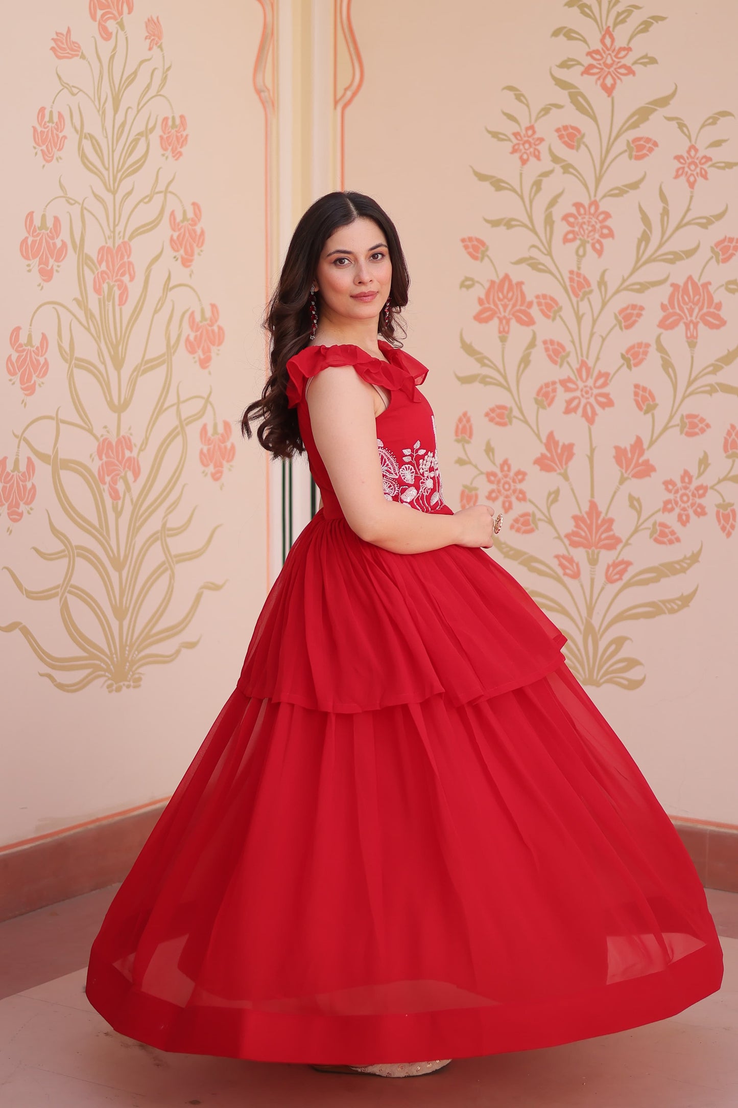 Designer Round Neck With Beads Embroidered Work Gown