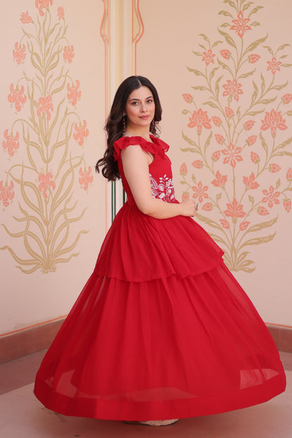 Designer Round Neck With Beads Embroidered Work Gown