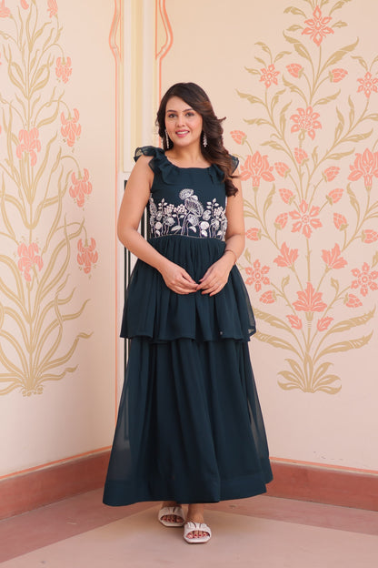 Designer Round Neck With Beads Embroidered Work Gown