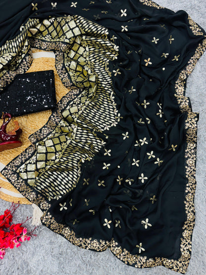 Black Rangoli Silk With Zari & Foil Embroidery Work Saree