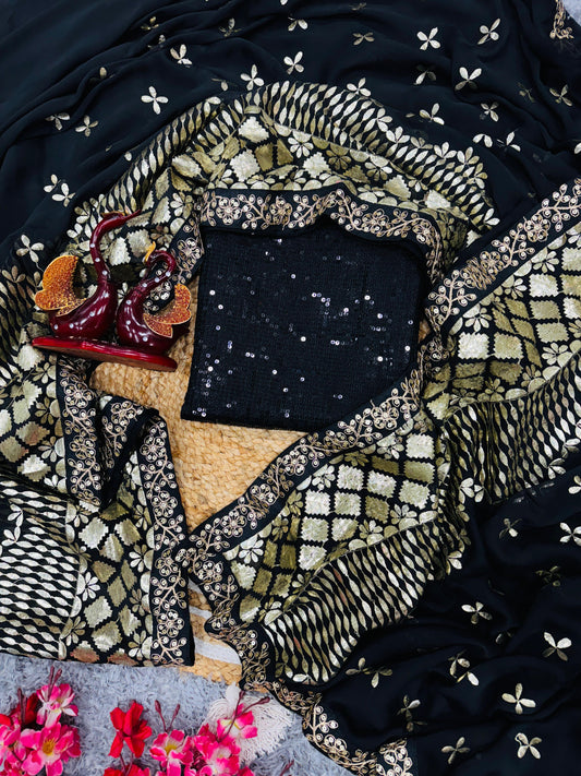 Black Rangoli Silk With Zari & Foil Embroidery Work Saree