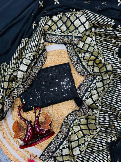 Black Rangoli Silk With Zari & Foil Embroidery Work Saree