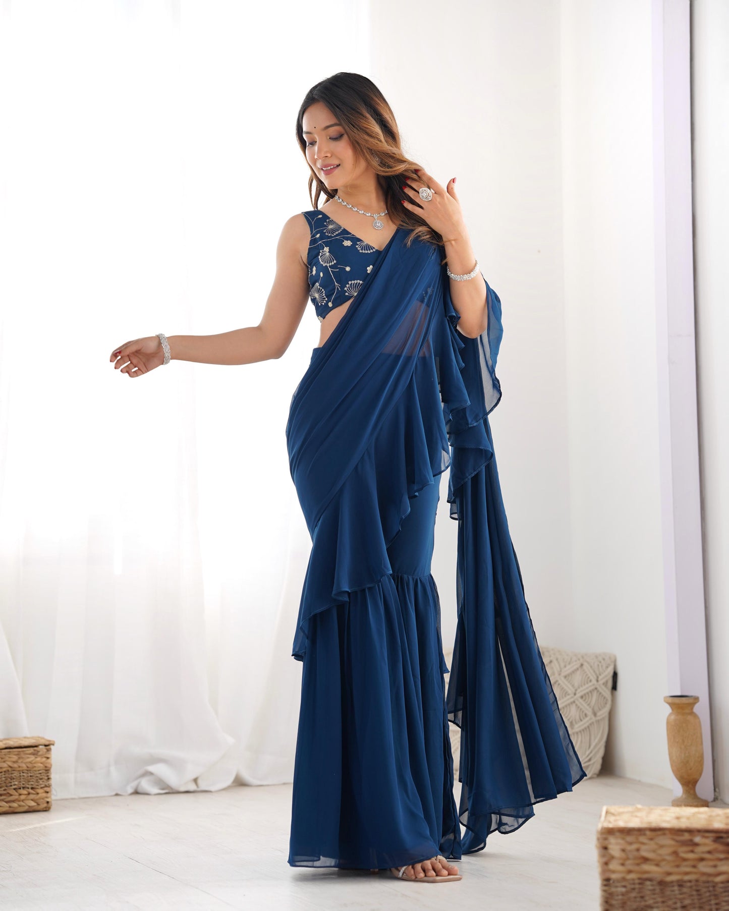 Tealblue Pure Fox Georgette Ready-to-wear Sharara Saree
