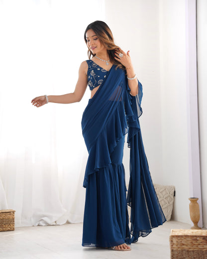 Tealblue Pure Fox Georgette Ready-to-wear Sharara Saree
