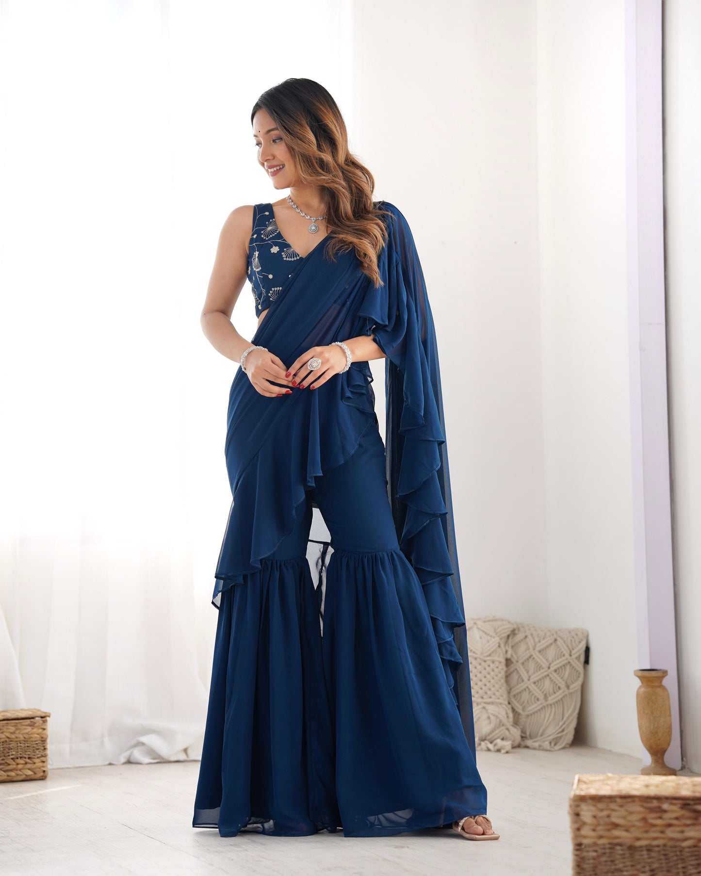 Tealblue Pure Fox Georgette Ready-to-wear Sharara Saree