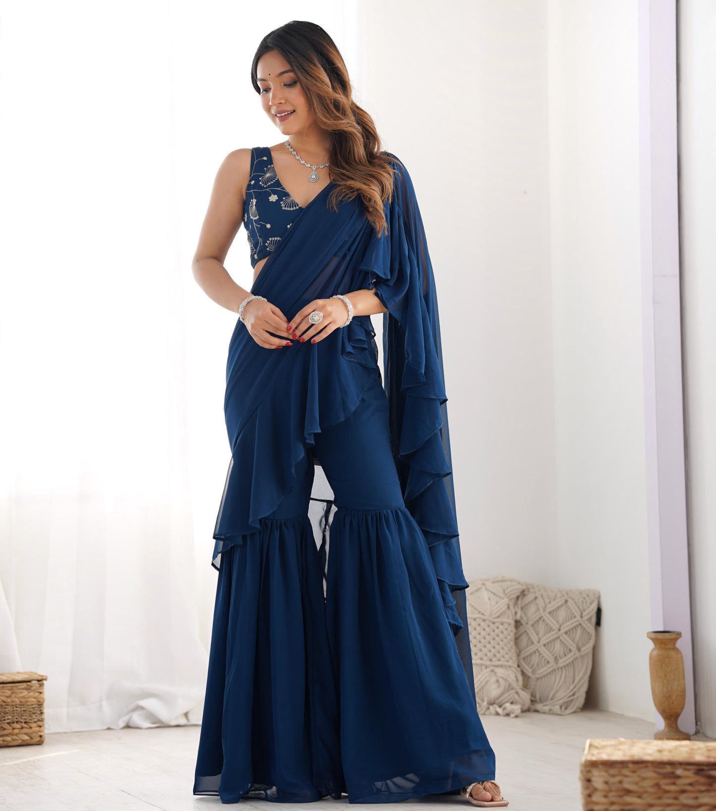 Tealblue Pure Fox Georgette Ready-to-wear Sharara Saree