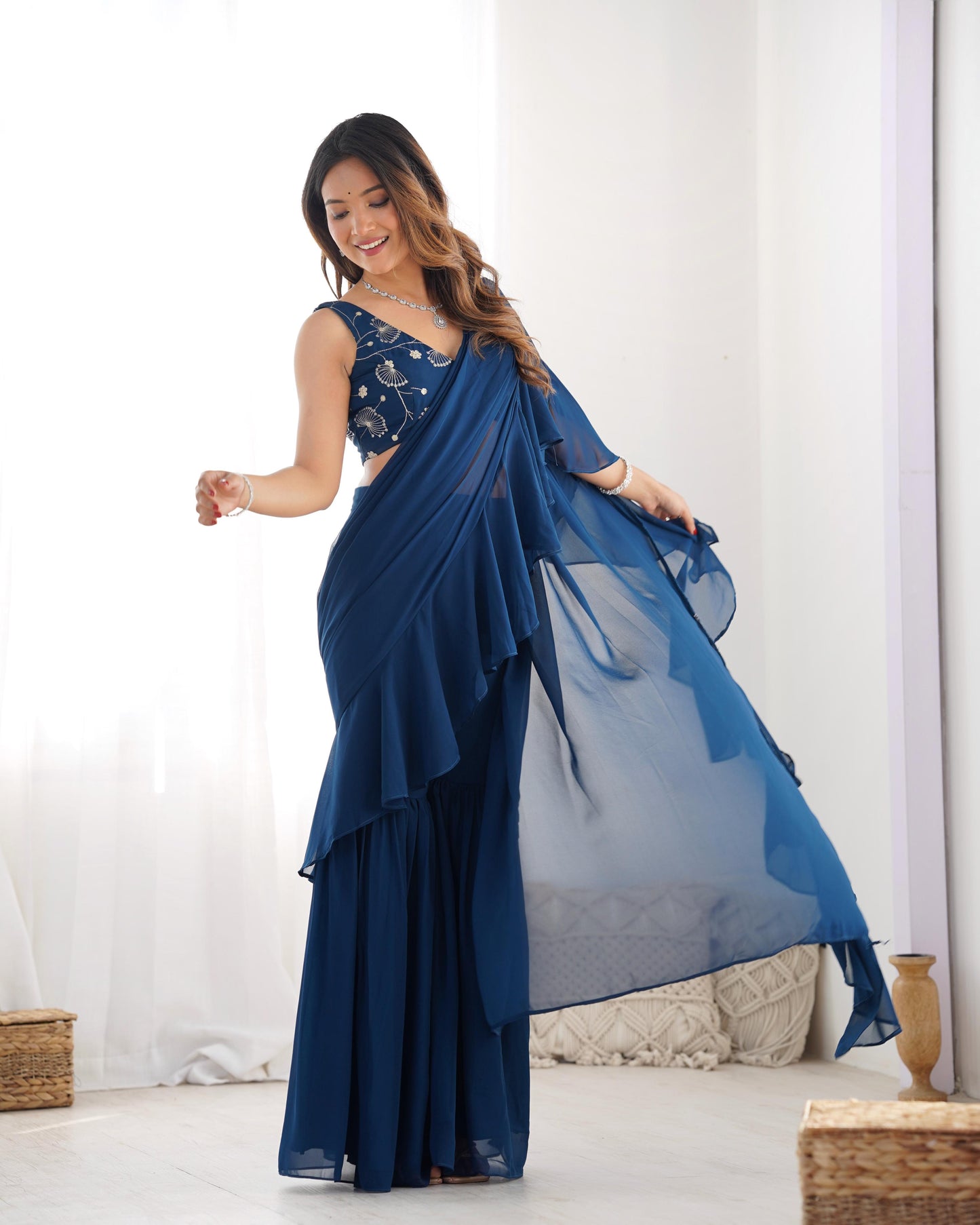 Tealblue Pure Fox Georgette Ready-to-wear Sharara Saree