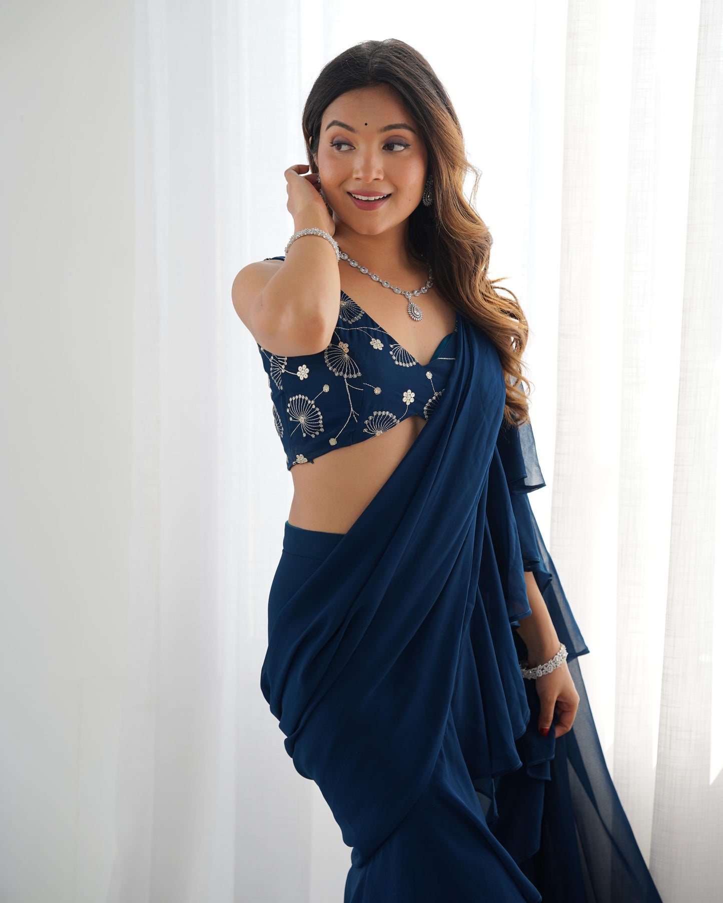 Tealblue Pure Fox Georgette Ready-to-wear Sharara Saree