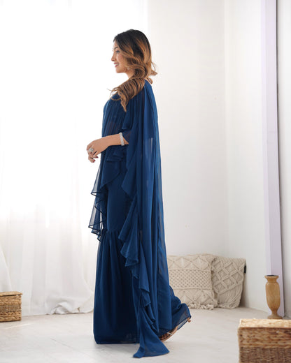 Tealblue Pure Fox Georgette Ready-to-wear Sharara Saree