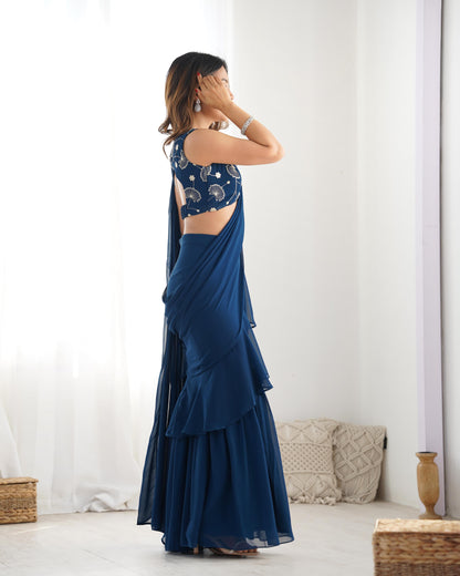 Tealblue Pure Fox Georgette Ready-to-wear Sharara Saree