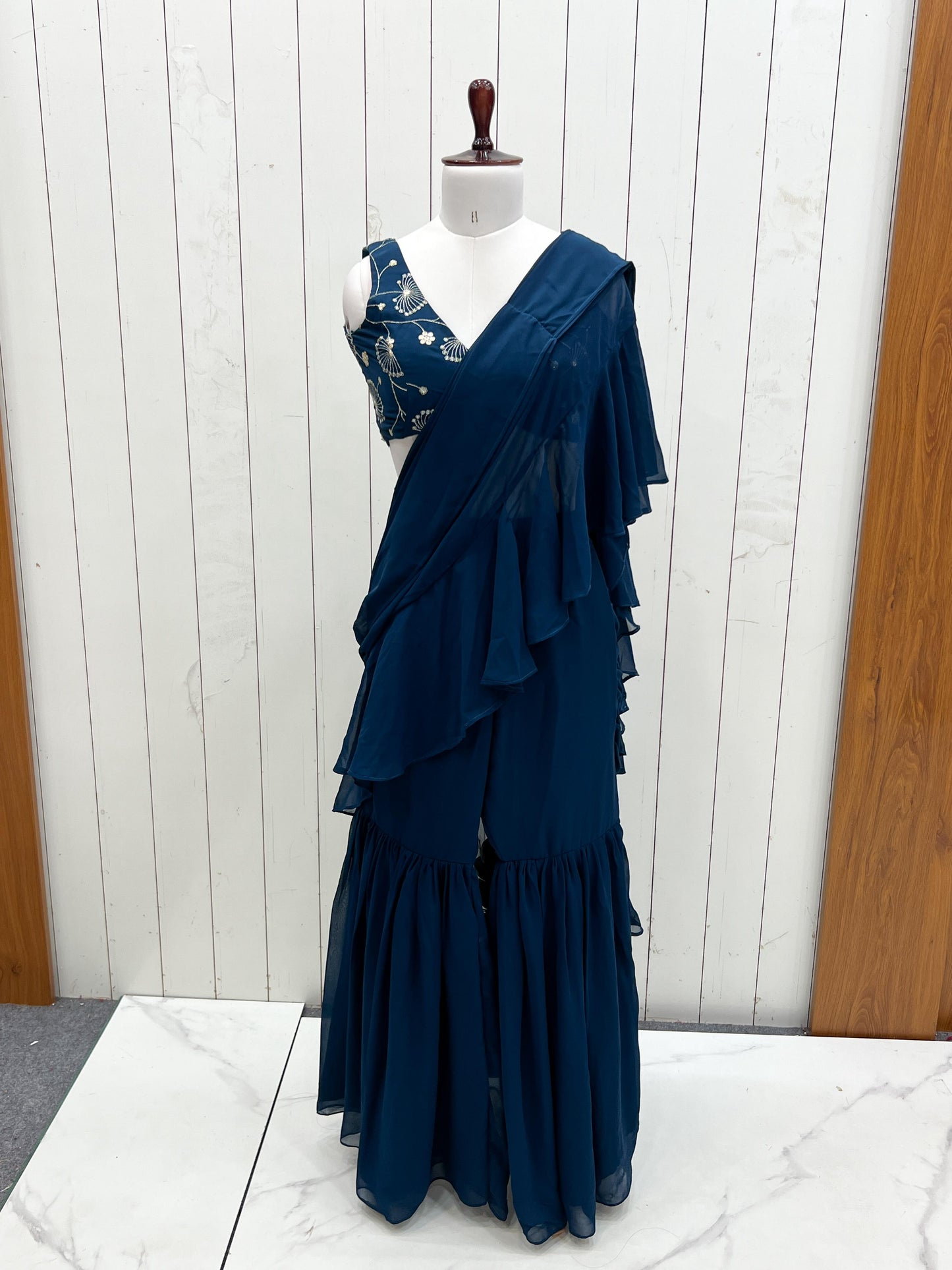 Tealblue Pure Fox Georgette Ready-to-wear Sharara Saree