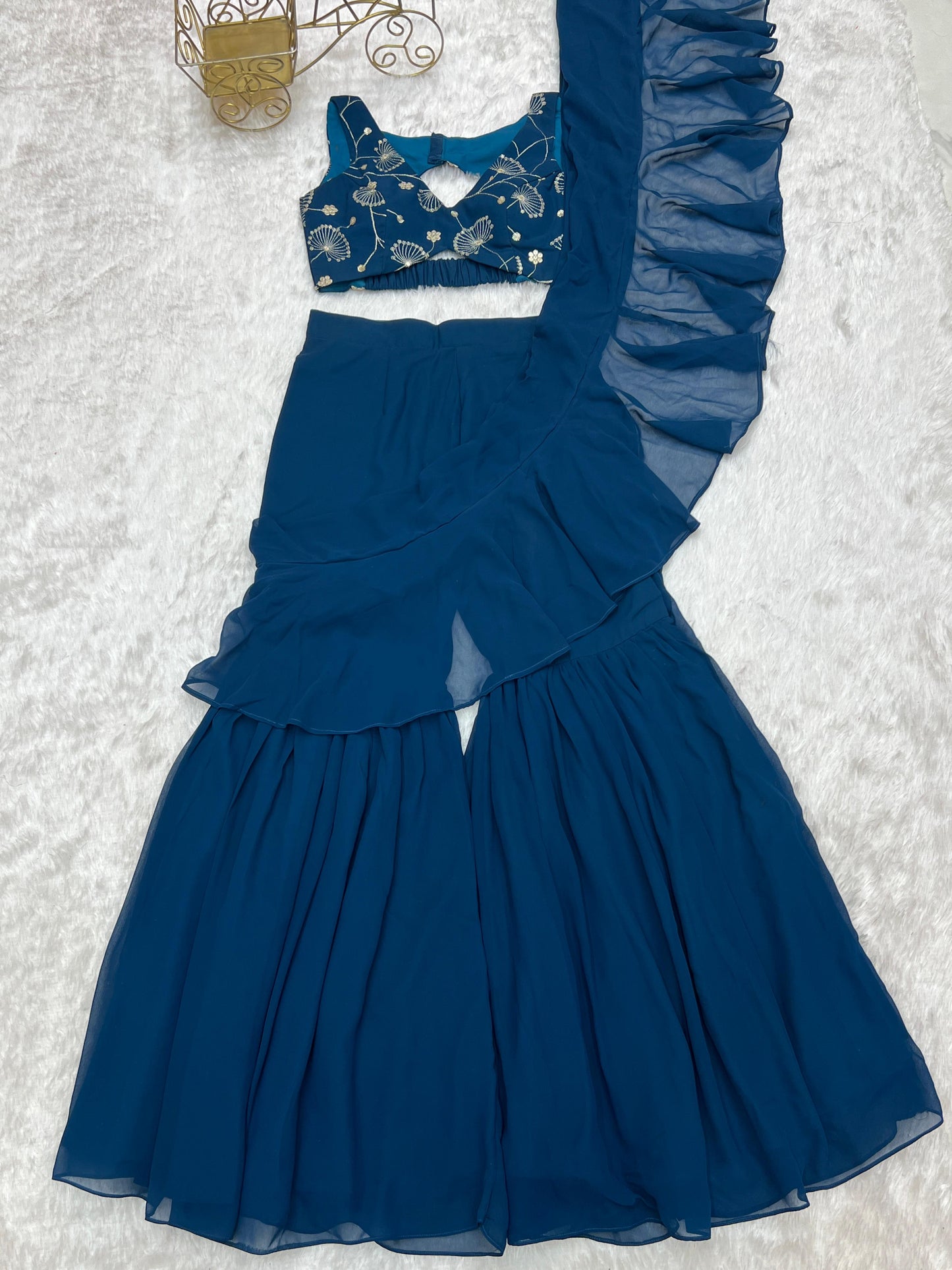Tealblue Pure Fox Georgette Ready-to-wear Sharara Saree