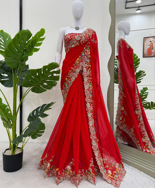 Red Faux Georgette Thread & Sequin Work Saree