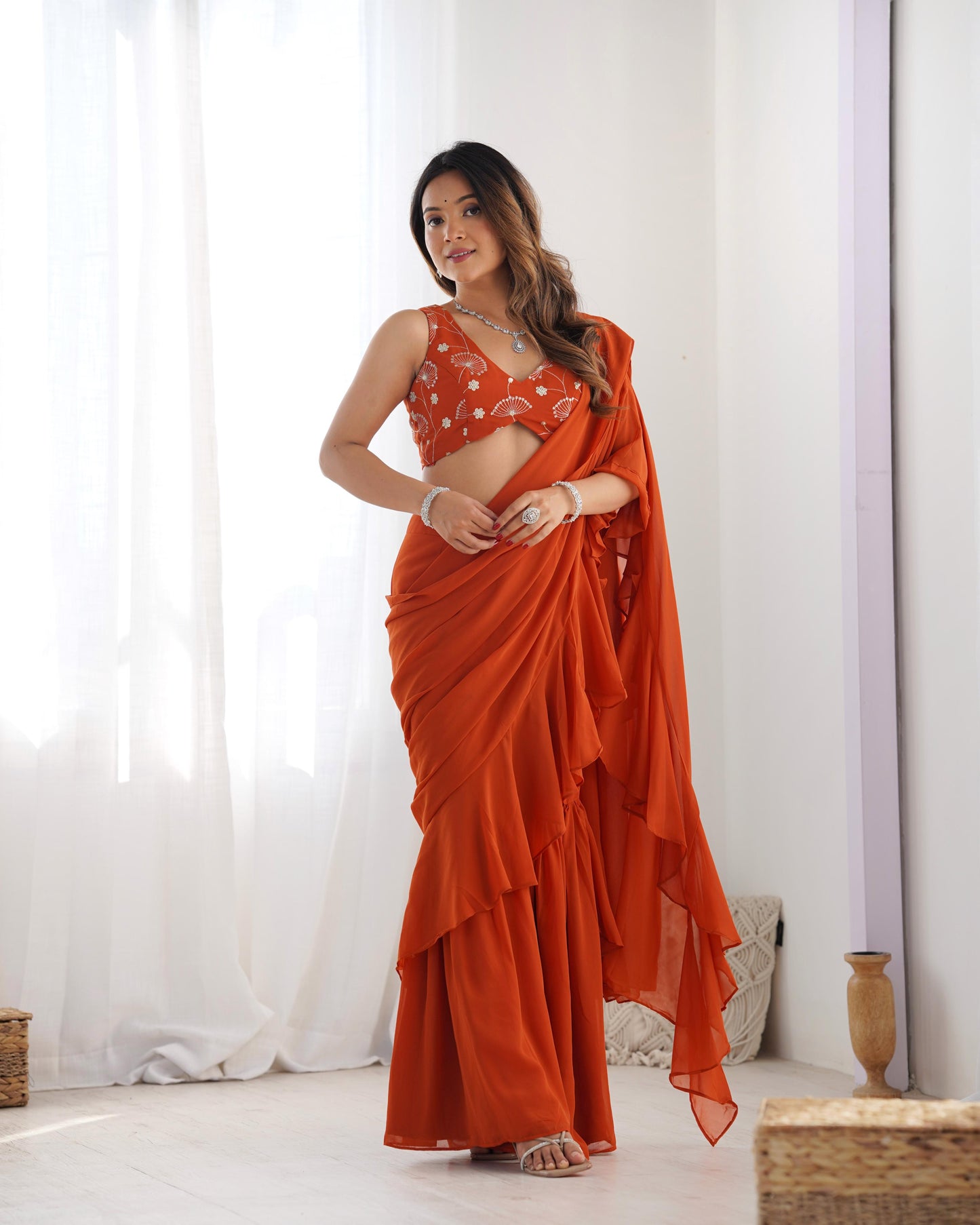 Rust Orange Pure Fox Georgette Ready-to-wear Sharara Saree