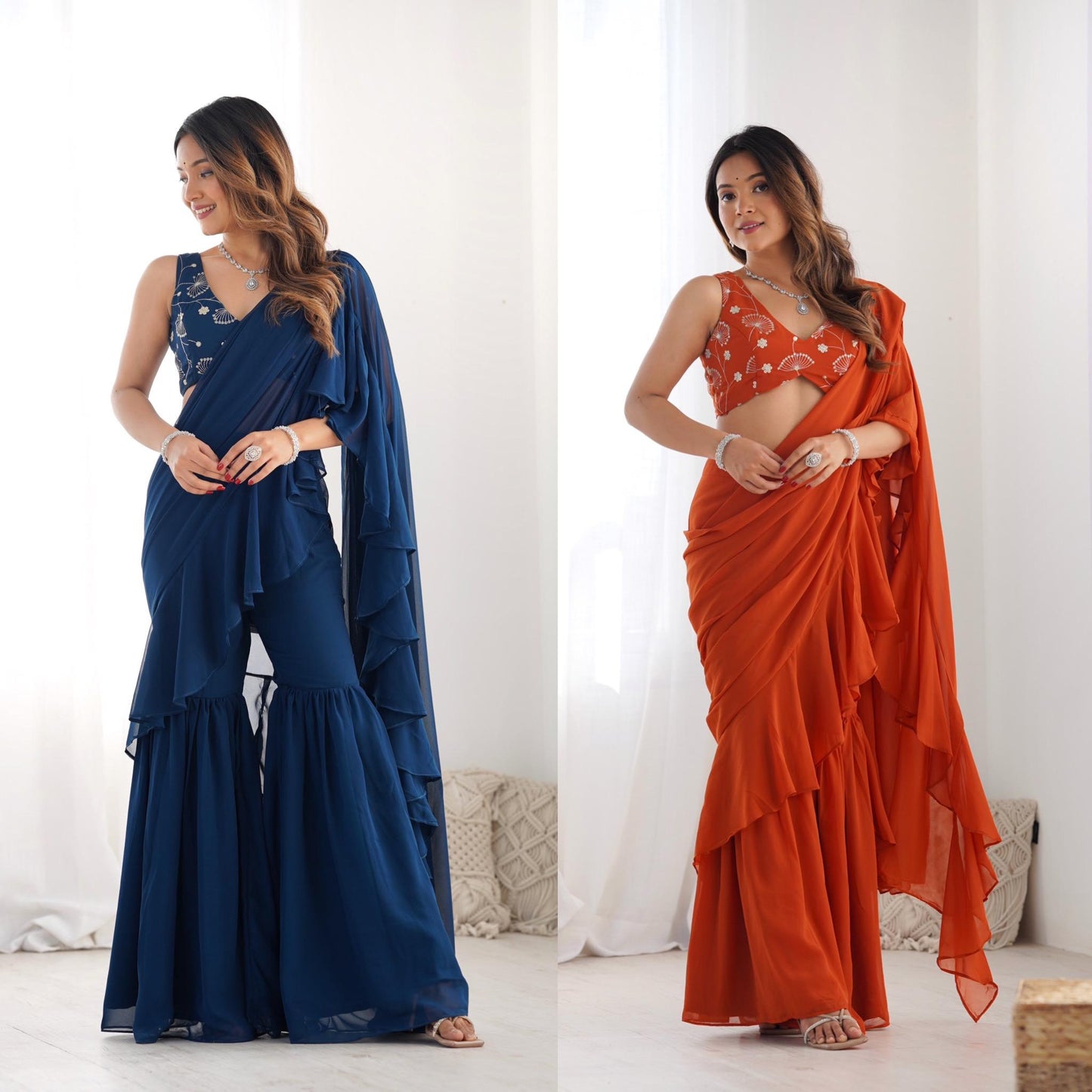 Rust Orange Pure Fox Georgette Ready-to-wear Sharara Saree