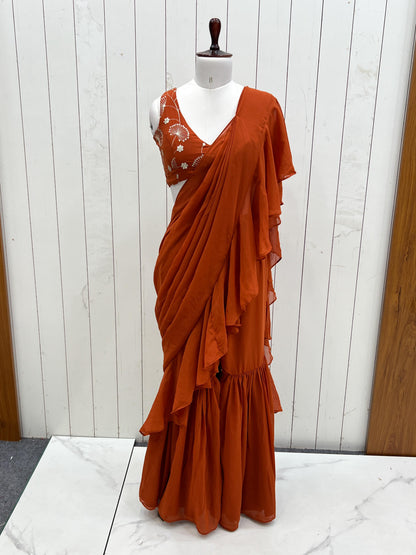Rust Orange Pure Fox Georgette Ready-to-wear Sharara Saree
