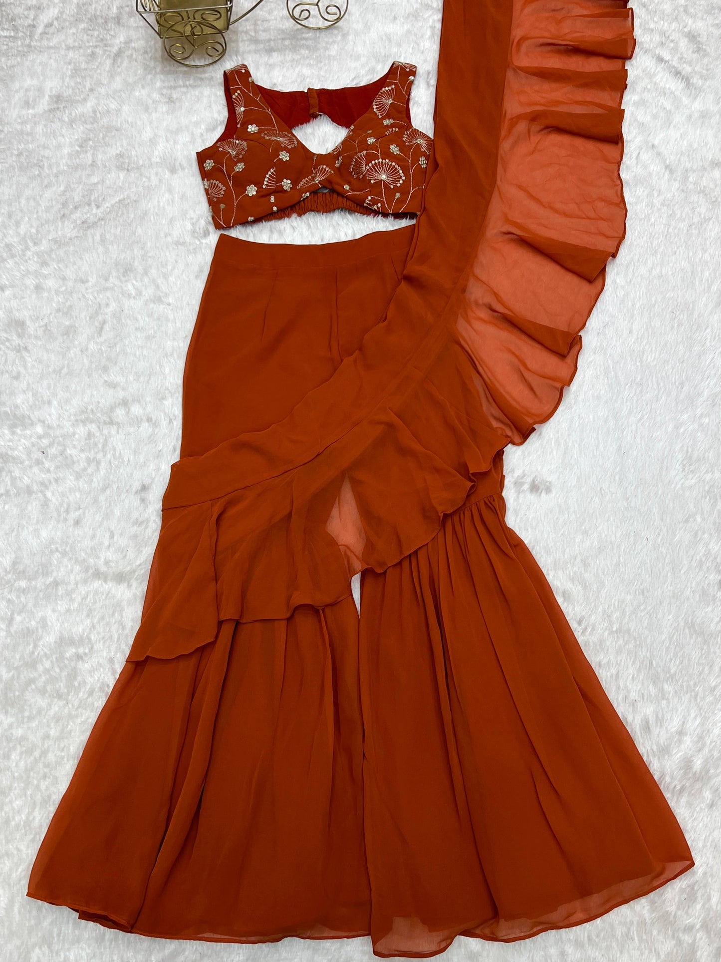 Rust Orange Pure Fox Georgette Ready-to-wear Sharara Saree