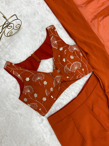 Rust Orange Pure Fox Georgette Ready-to-wear Sharara Saree