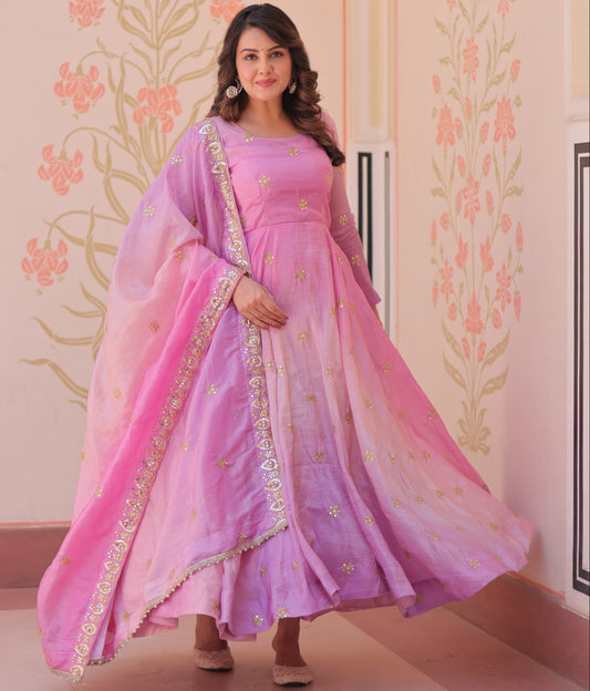 Pink Gold Organza With Sequins Gown With Dupatta
