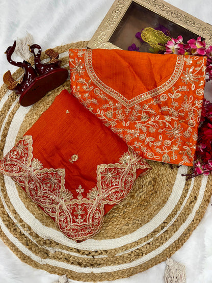 Rust Orange Soft Blooming Vichitra Silk Saree
