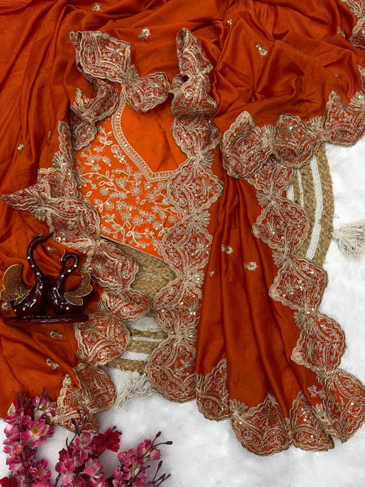 Rust Orange Soft Blooming Vichitra Silk Saree