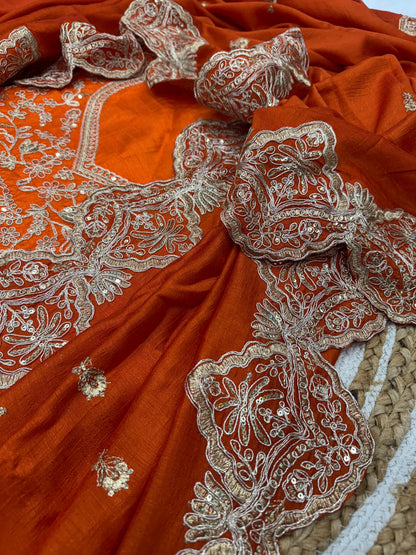 Rust Orange Soft Blooming Vichitra Silk Saree