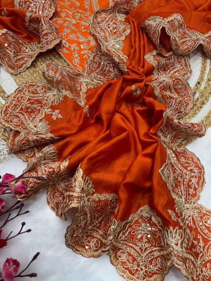 Rust Orange Soft Blooming Vichitra Silk Saree