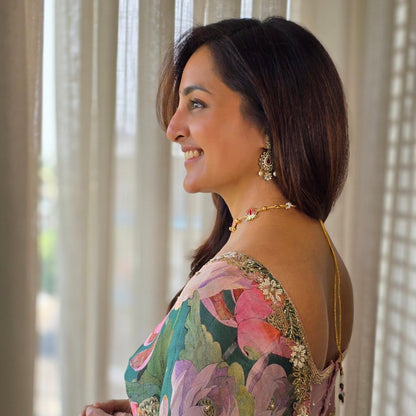 Green Tebby Silk Floral Print With Katdana Work Saree