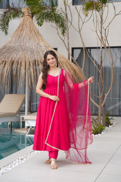 Rani Pink Pure Romansilk Chanderi 3pc Kurta Set