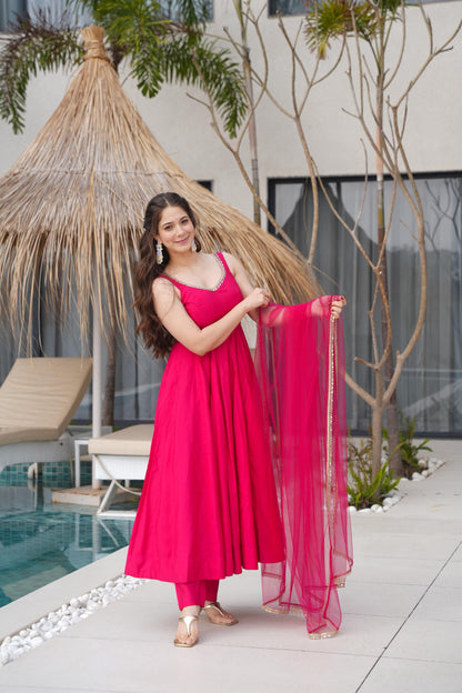 Rani Pink Pure Romansilk Chanderi 3pc Kurta Set