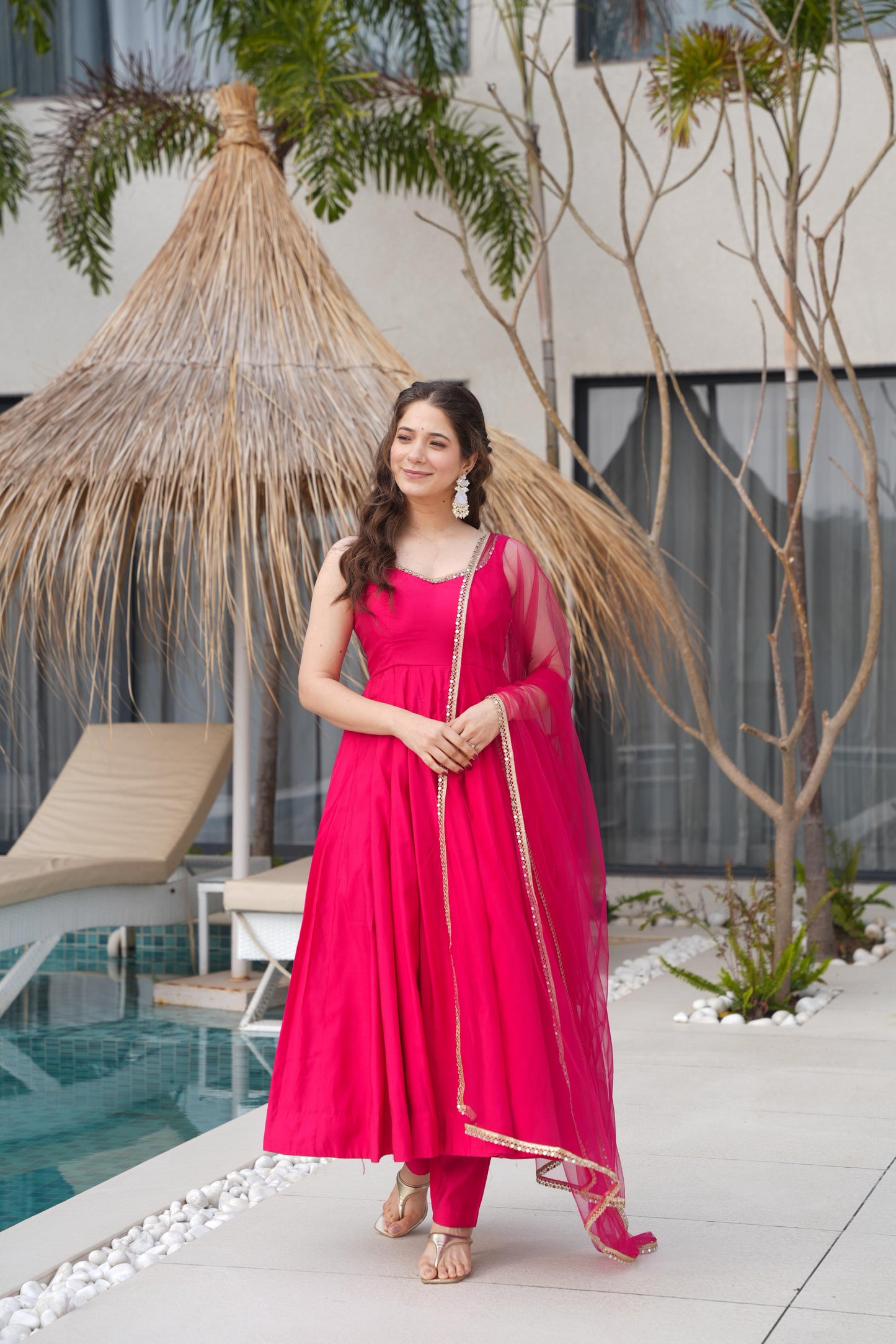 Rani Pink Pure Romansilk Chanderi 3pc Kurta Set