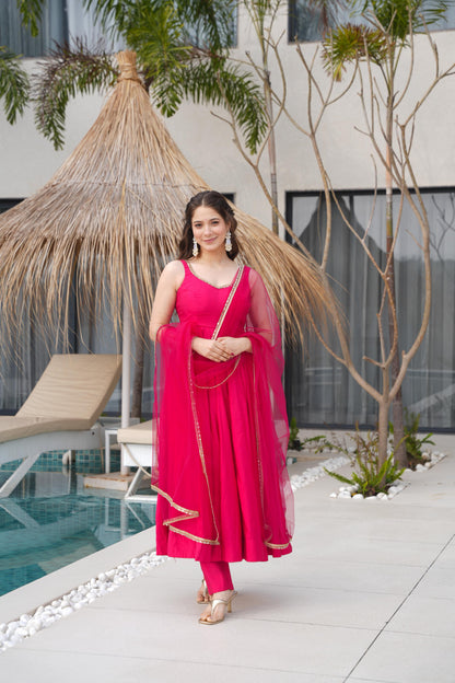 Rani Pink Pure Romansilk Chanderi 3pc Kurta Set