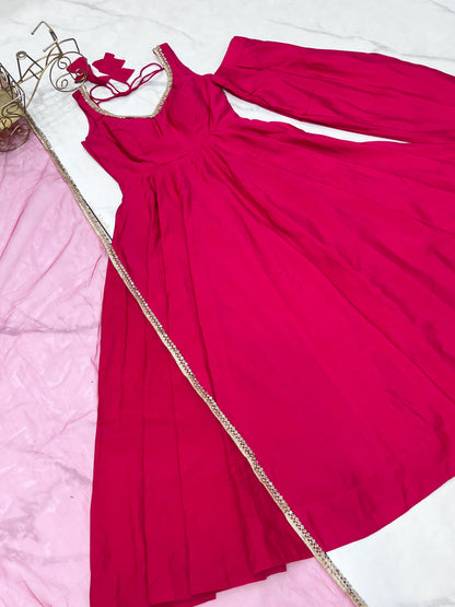 Rani Pink Pure Romansilk Chanderi 3pc Kurta Set