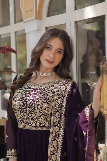 Wine Embroidery Zari Sequins Work Gown With Dupatta