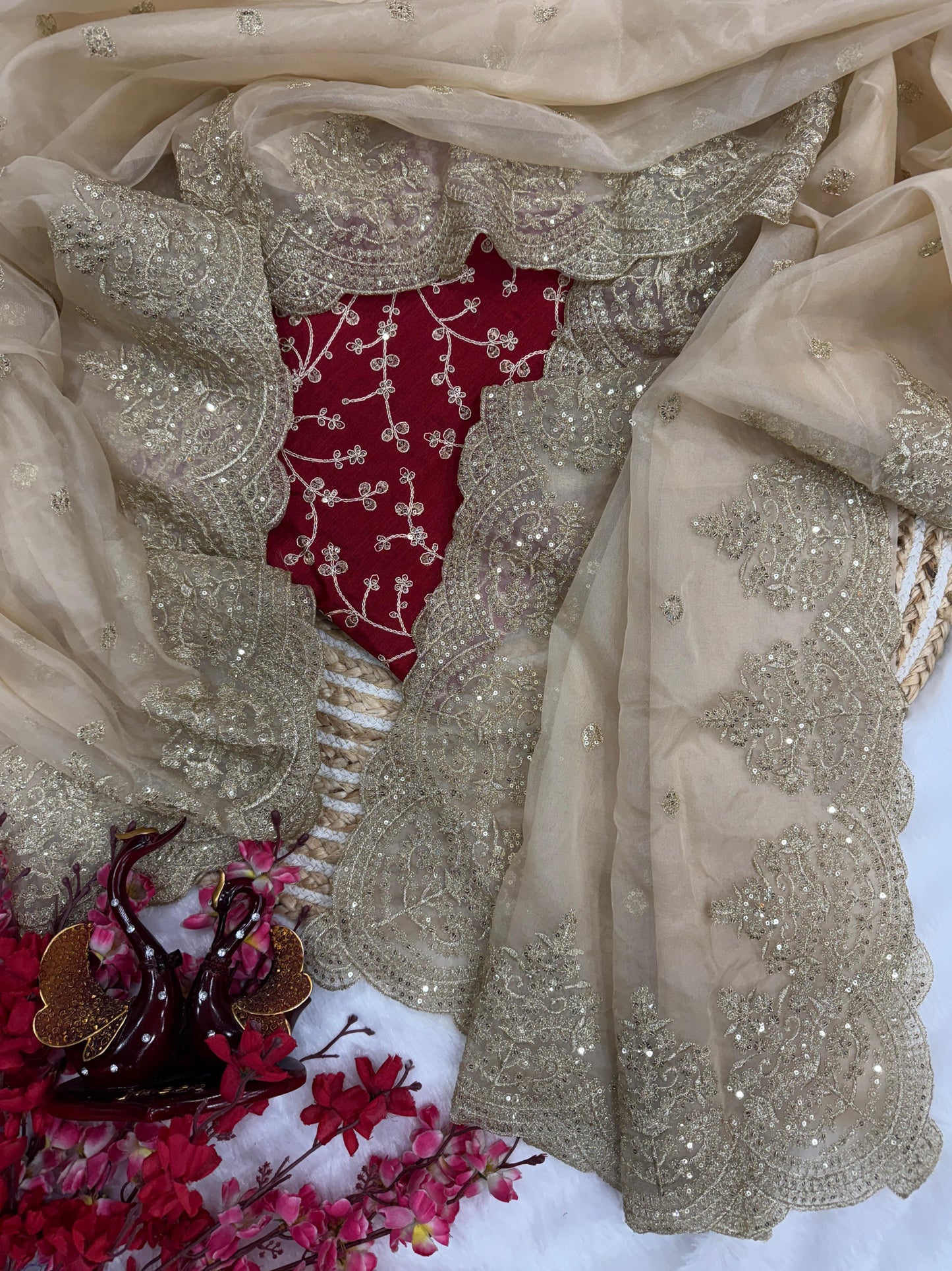 Off White Heavy Soft Nylon Organza Zari Embroidery Work Saree