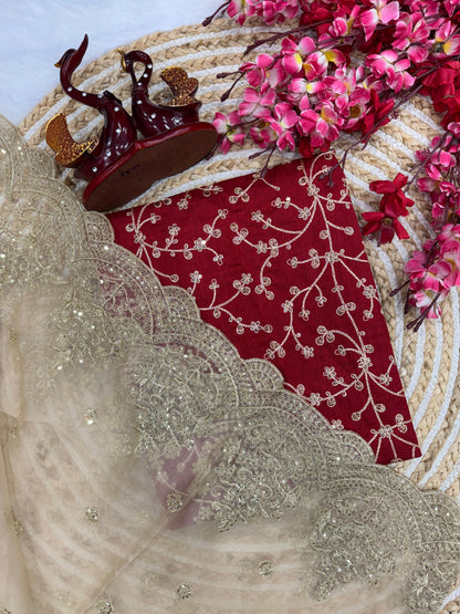 Off White Heavy Soft Nylon Organza Zari Embroidery Work Saree