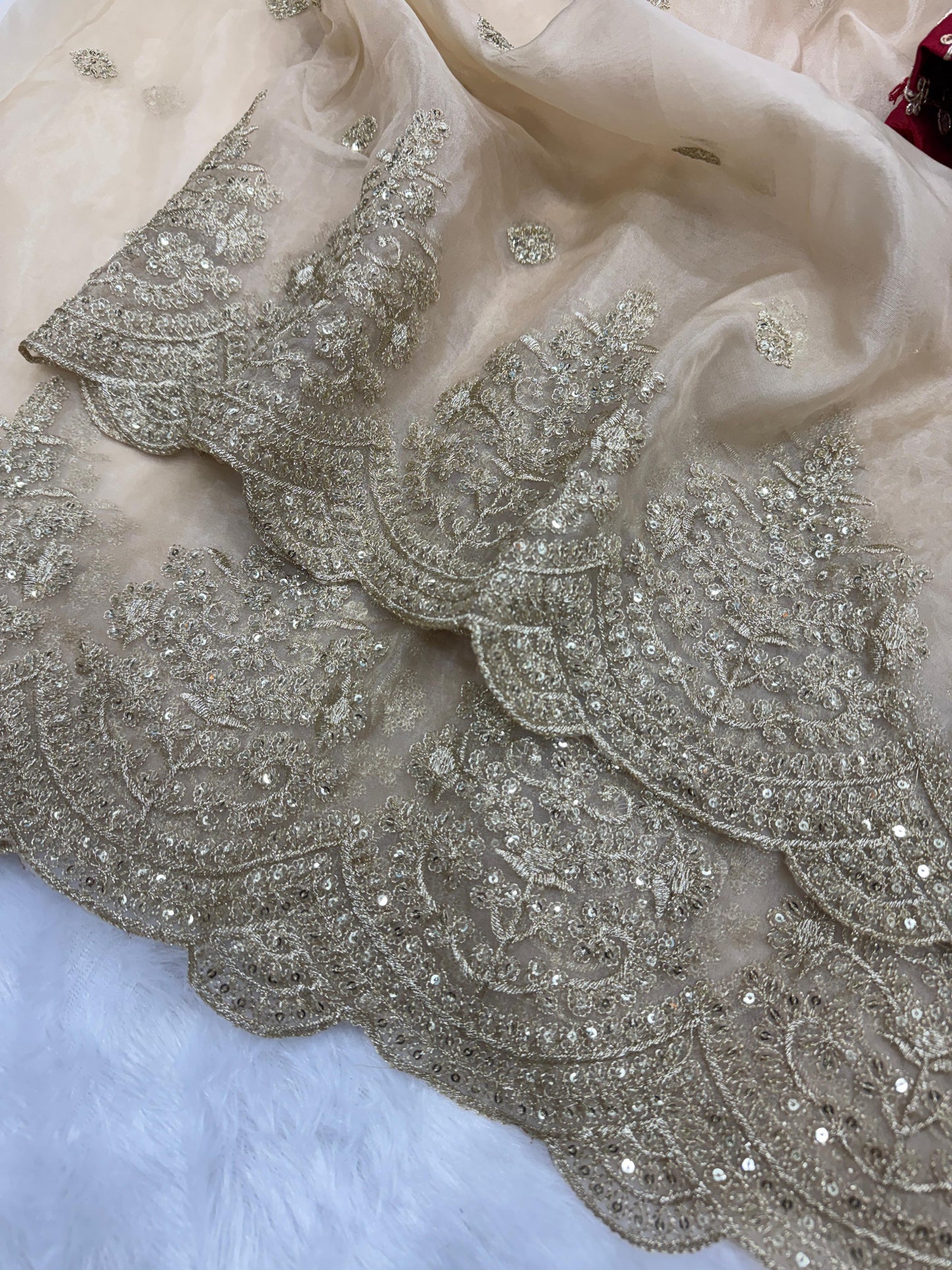 Off White Heavy Soft Nylon Organza Zari Embroidery Work Saree