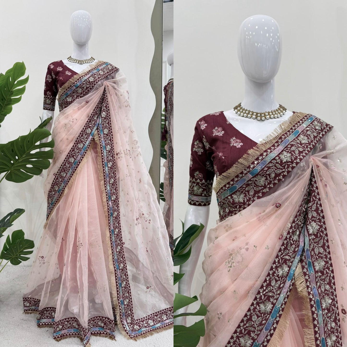 Light Pink Heavy Organza Silk With Thread Work Saree