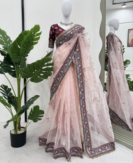 Light Pink Heavy Organza Silk With Thread Work Saree