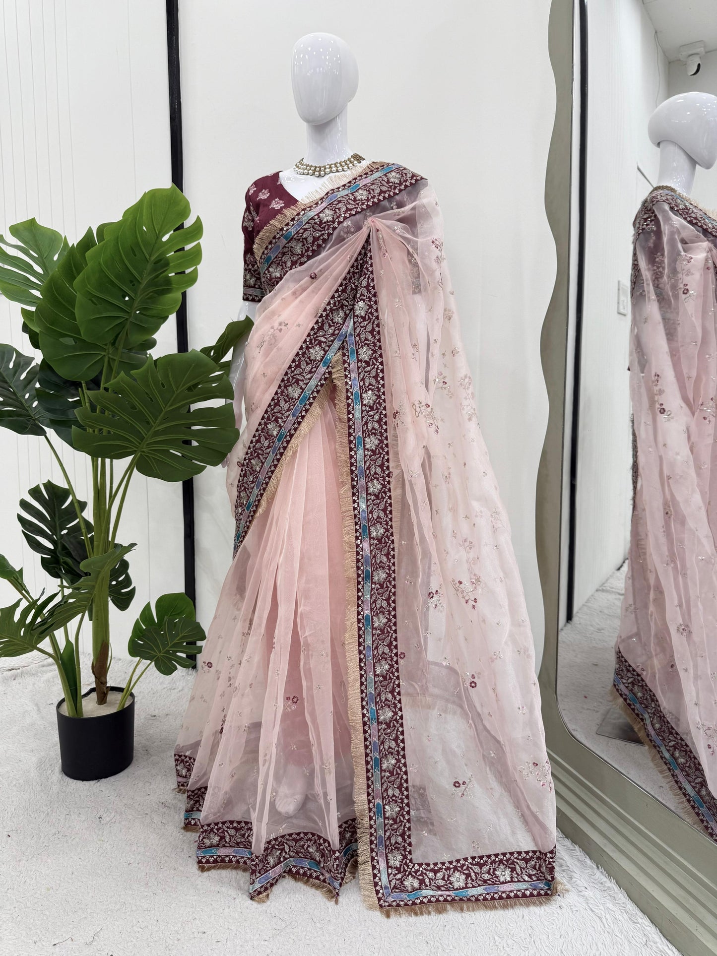 Light Pink Heavy Organza Silk With Thread Work Saree